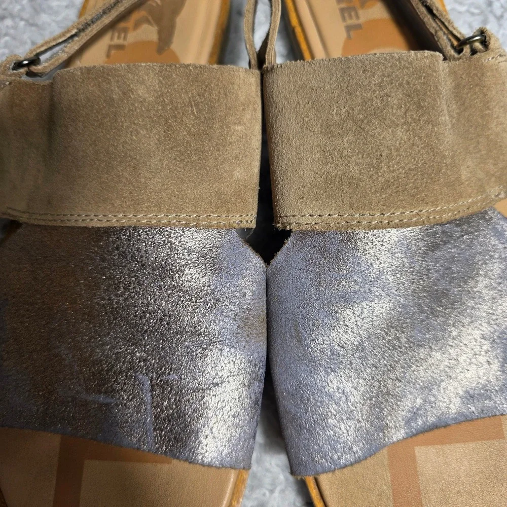 Sorel Ella Slide Sandal Tan‎ Silver Metallic Adjustable Heel Women 8 Excellent